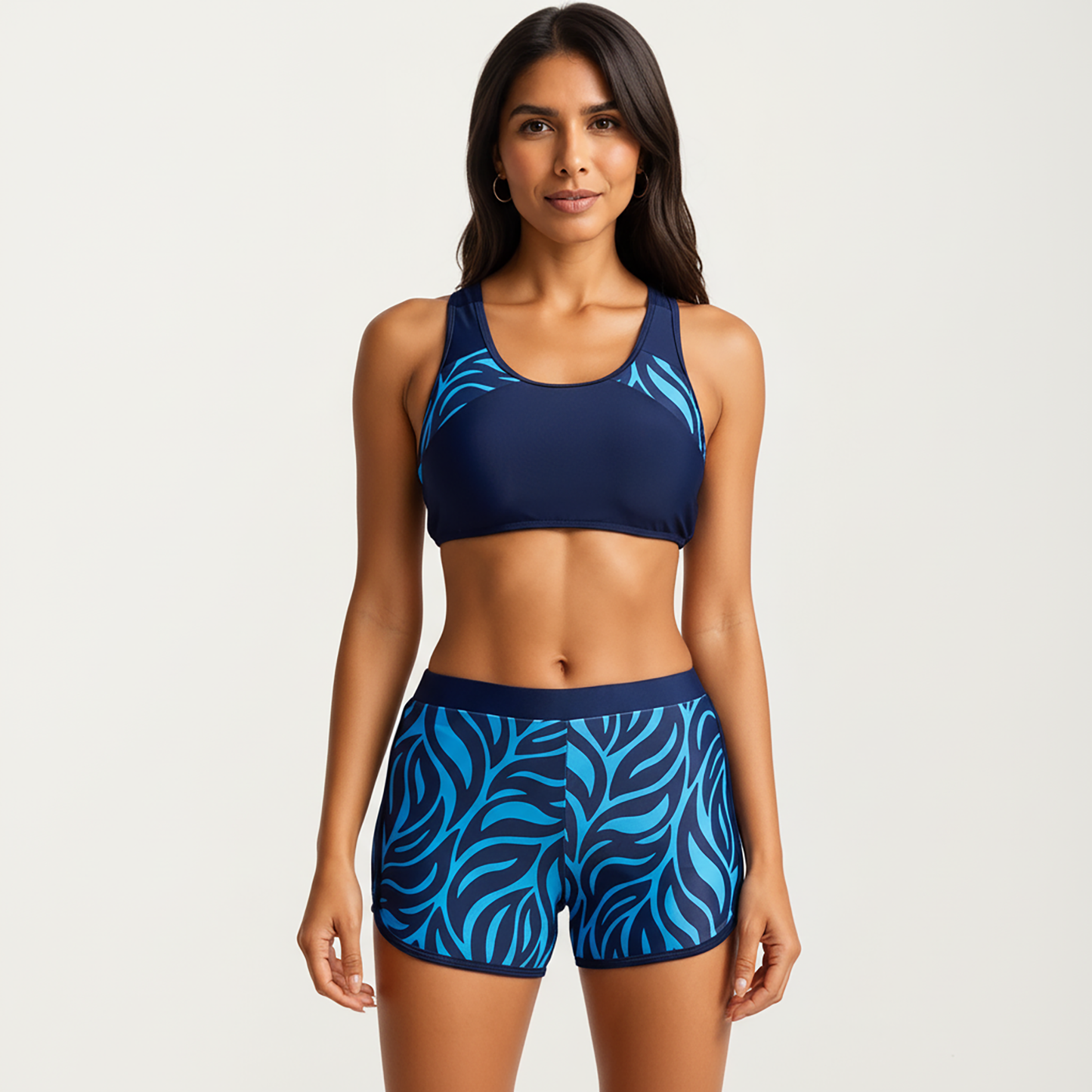 2-Piece Sport Bikini Set with Scoop Neck Crop Top and Printed Swim Shorts