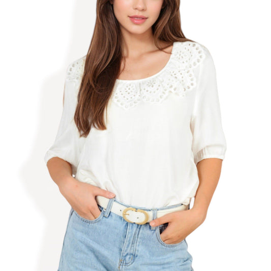 Embroidered Eyelet Scoop Neck Top with 3/4 Sleeves