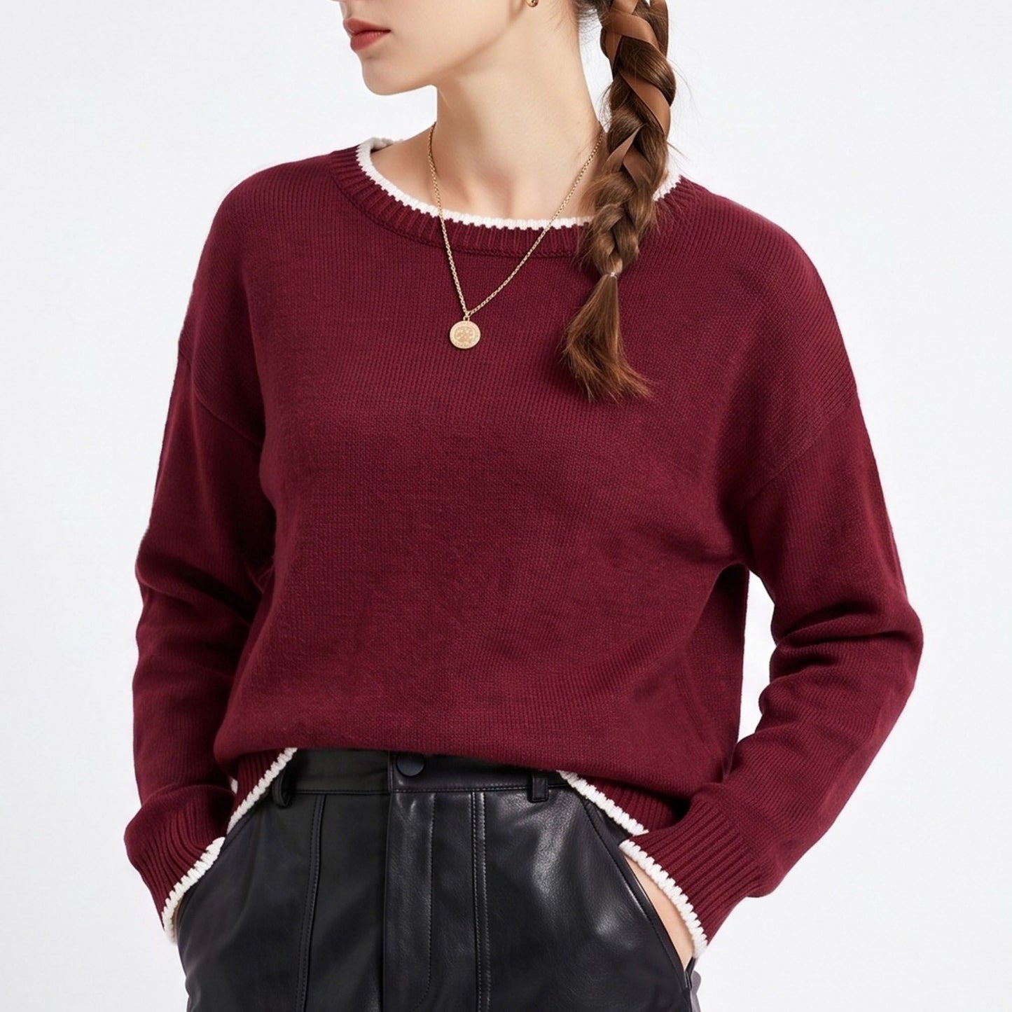 Contrast Trim Crewneck Knit Sweater