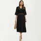 V Neck Midi Dress with Lace Trim Paneling and Short Wide Sleeves Flowing Silhouette