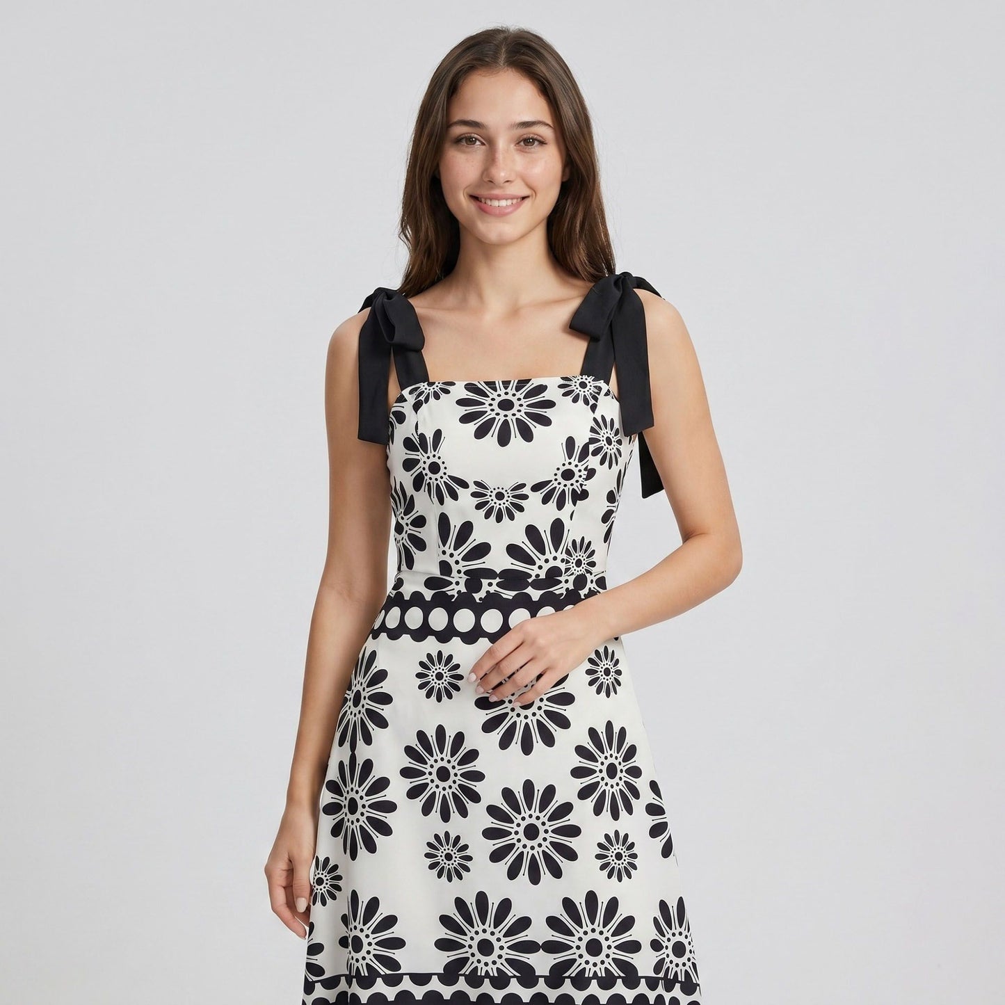 Tie Shoulder Square Neck Midi Dress Black and White Floral Smocked Tiered Sundress