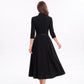 Three Quarter Sleeve Belted Midi Dress with Pleated A Line Skirt