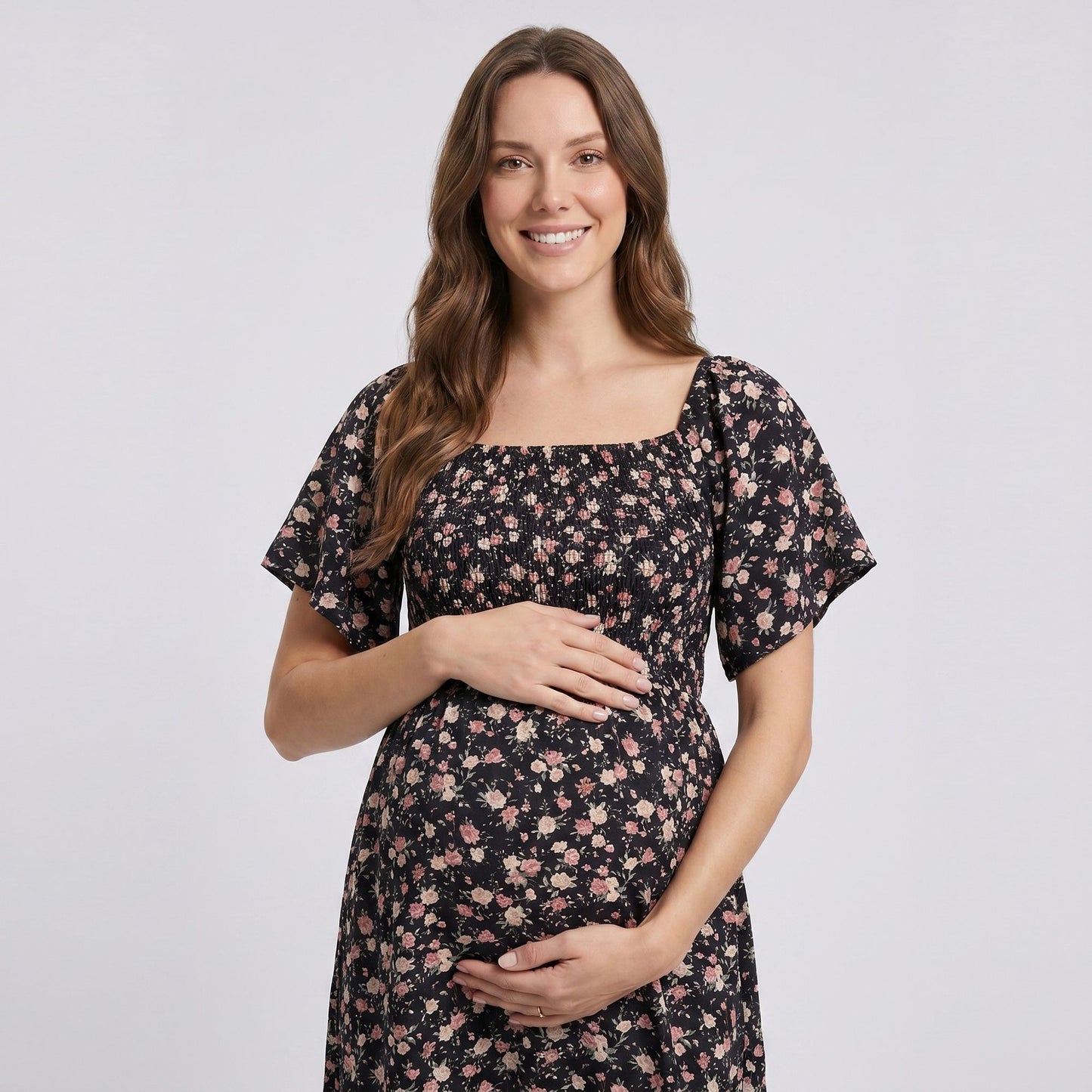 Maternity Floral Square Neck Midi Dress with Short Sleeves and Ruffle Hem