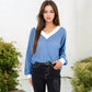 V-Neck Waffle Knit Long Sleeve Top Contrast Trim Relaxed Fit