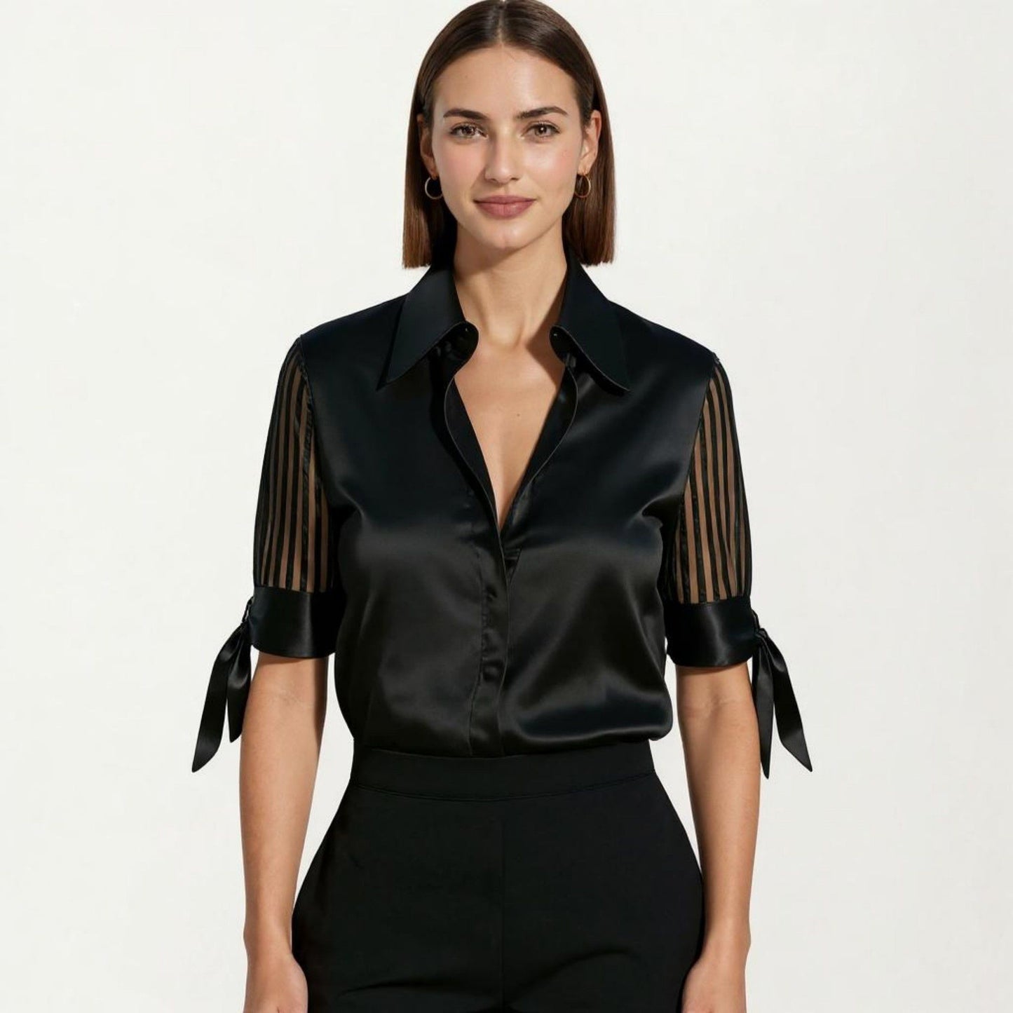 Satin Collared Blouse with Sheer Stripe Sleeves and Bow Tie Cuffs