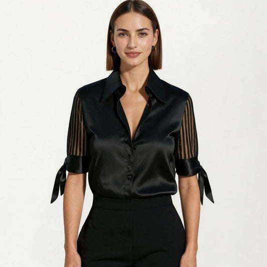 Satin Collared Blouse with Sheer Stripe Sleeves and Bow Tie Cuffs