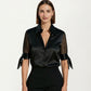 Satin Collared Blouse with Sheer Stripe Sleeves and Bow Tie Cuffs