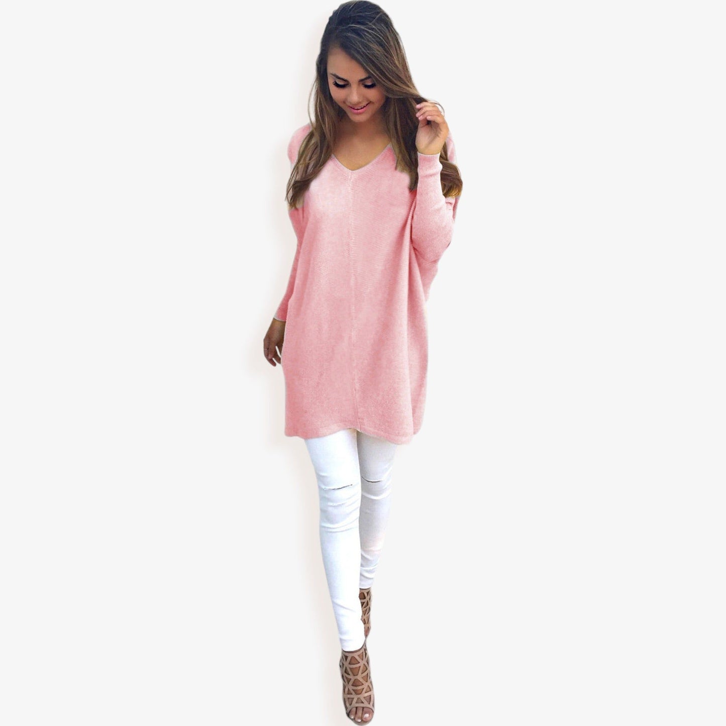 Oversized V-Neck Fleece Tunic Sweater Long Sleeve Cozy Top