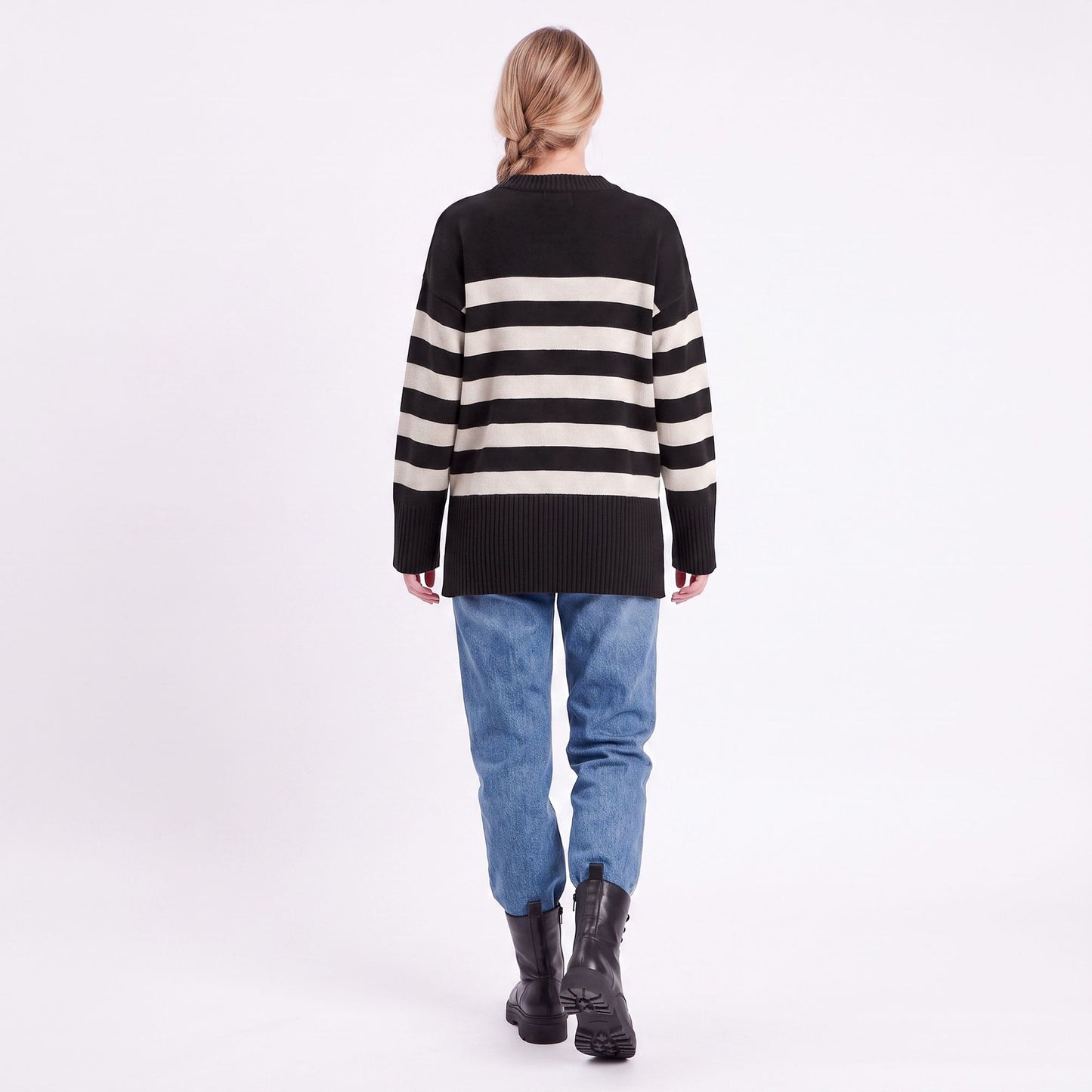Oversized Striped Crewneck Side Slit Tunic Sweater