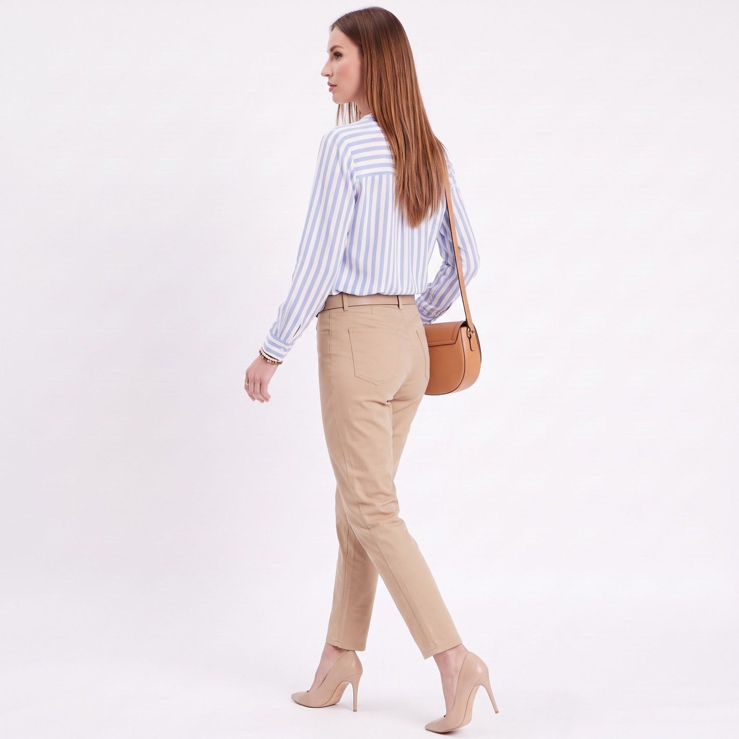 Striped Long Sleeve Split Neck Blouse with Button Placket