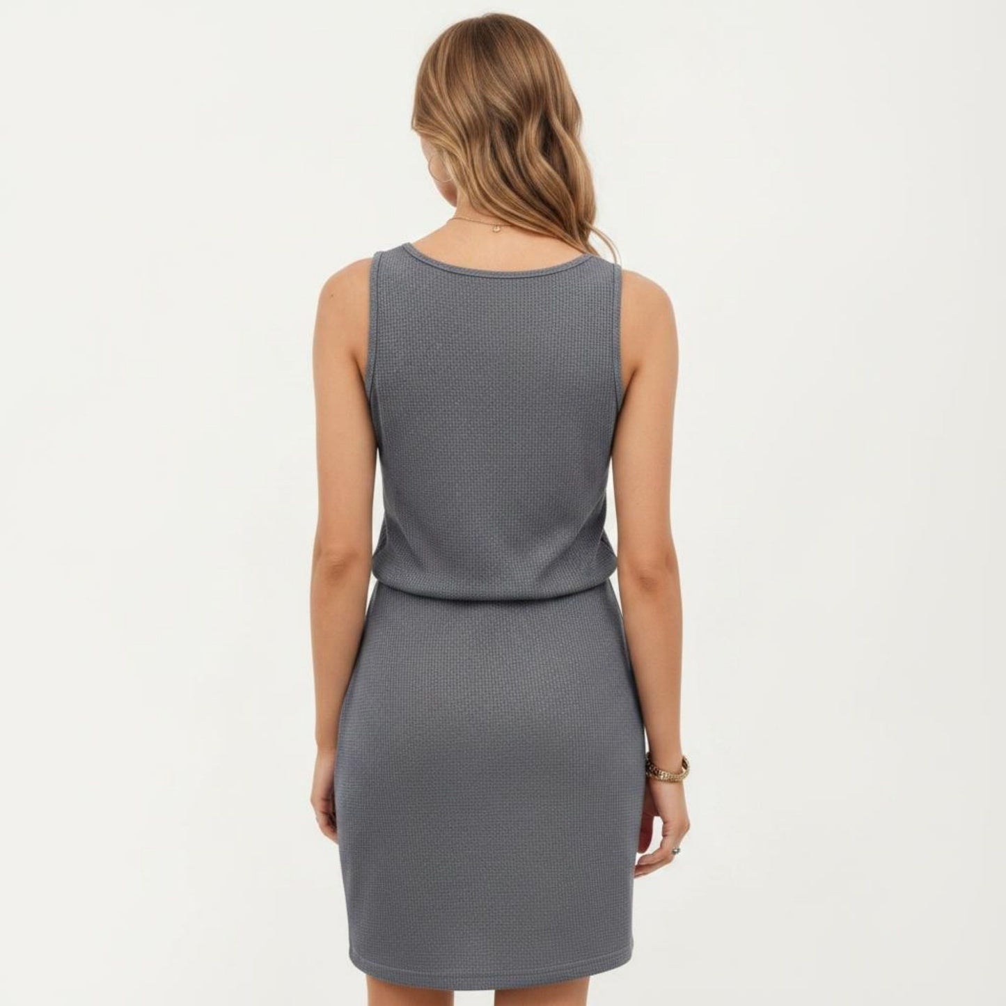 Sleeveless Tank Dress with Scoop Neck Adjustable Drawstring Waist Fitted Casual Mini Dress
