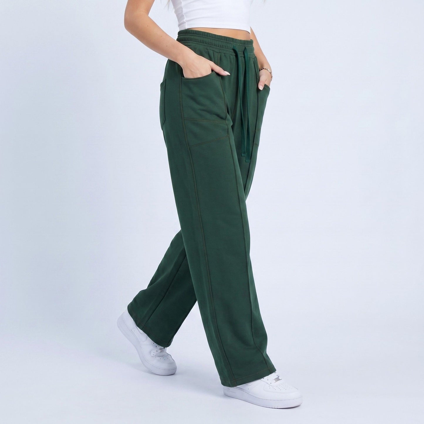 High Rise Drawstring Wide Leg Utility Pants with Patch Pockets