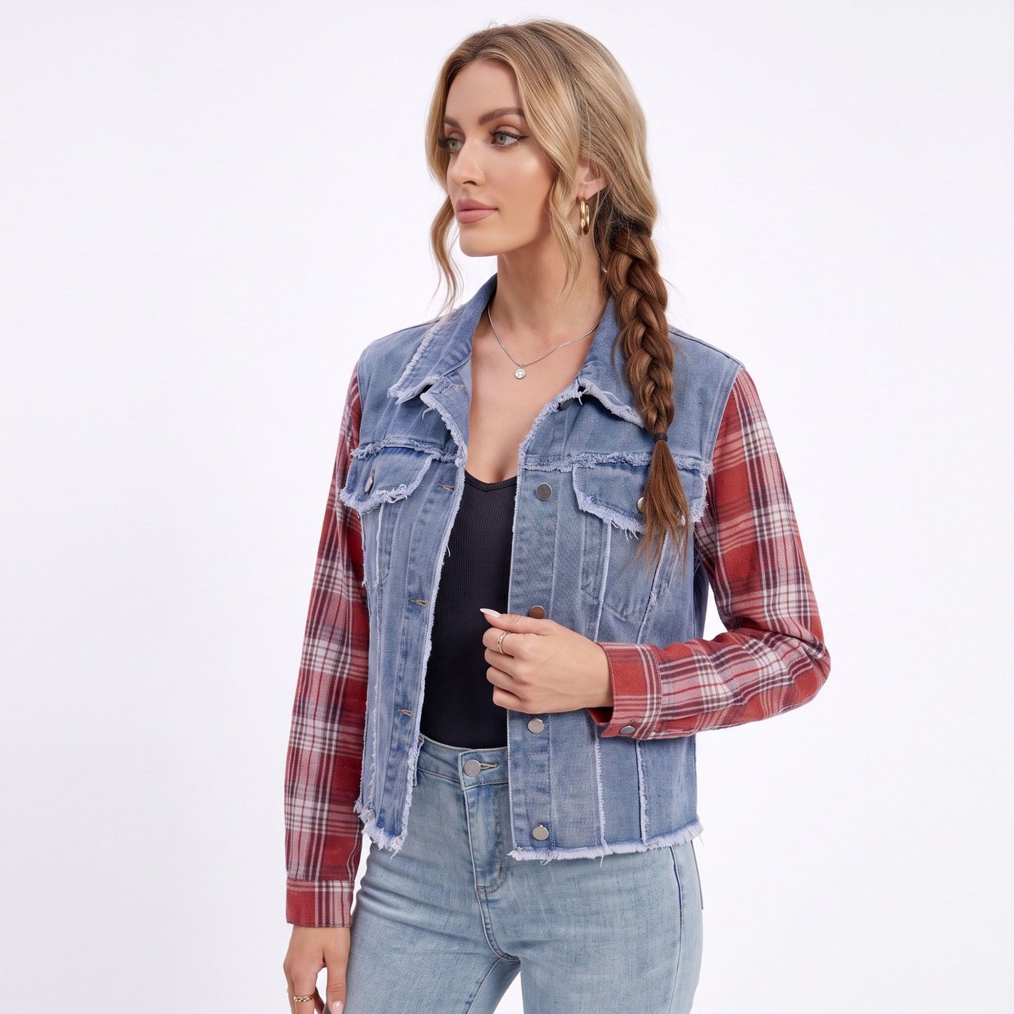 Plaid Sleeve Denim Jacket Button Front Distressed Frayed Hem Shacket