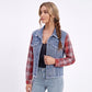 Plaid Sleeve Denim Jacket Button Front Distressed Frayed Hem Shacket