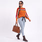 Rainbow Stripe One Shoulder Balloon Sleeve Knit Sweater