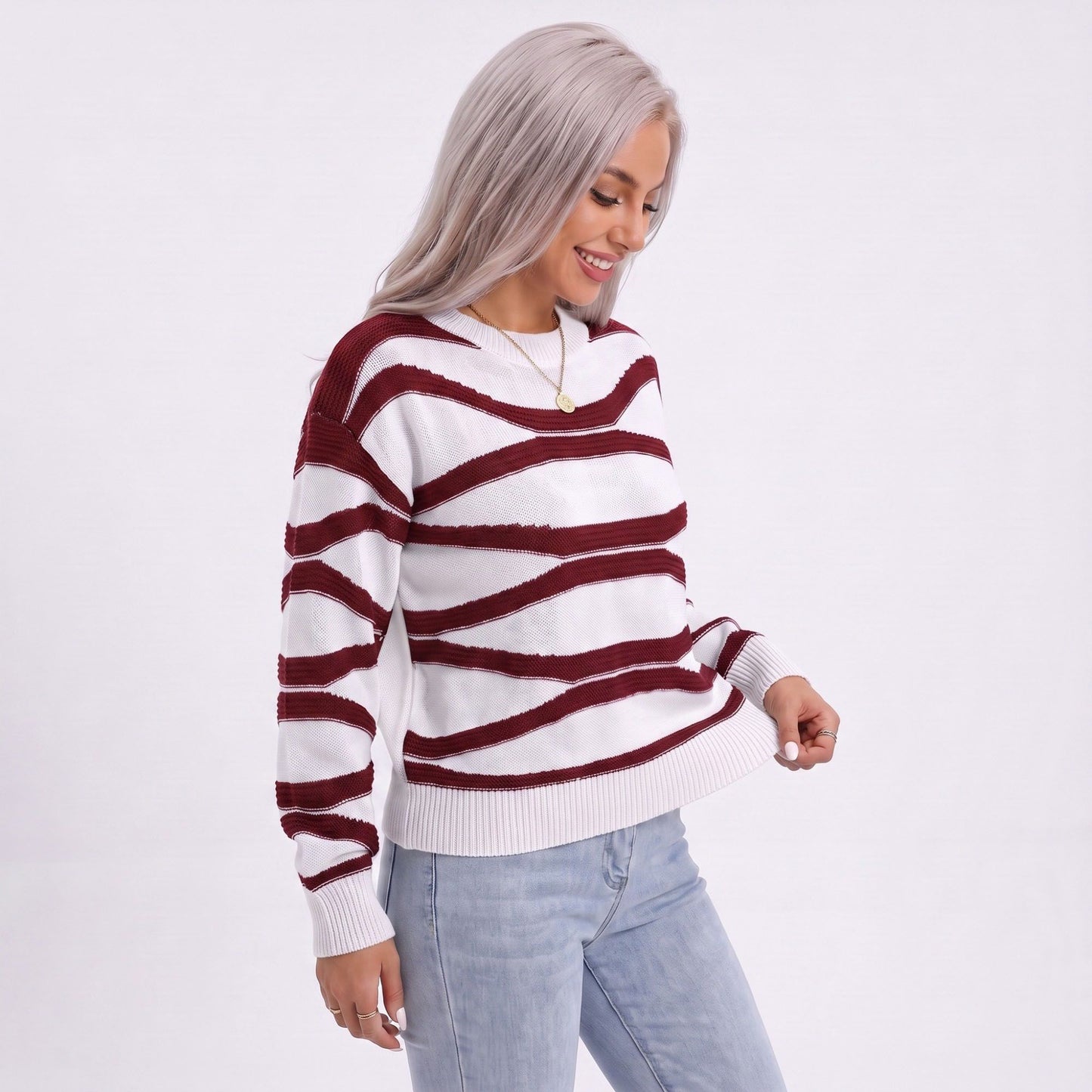 Wavy Stripe Crew Neck Long Sleeve Knit Sweater