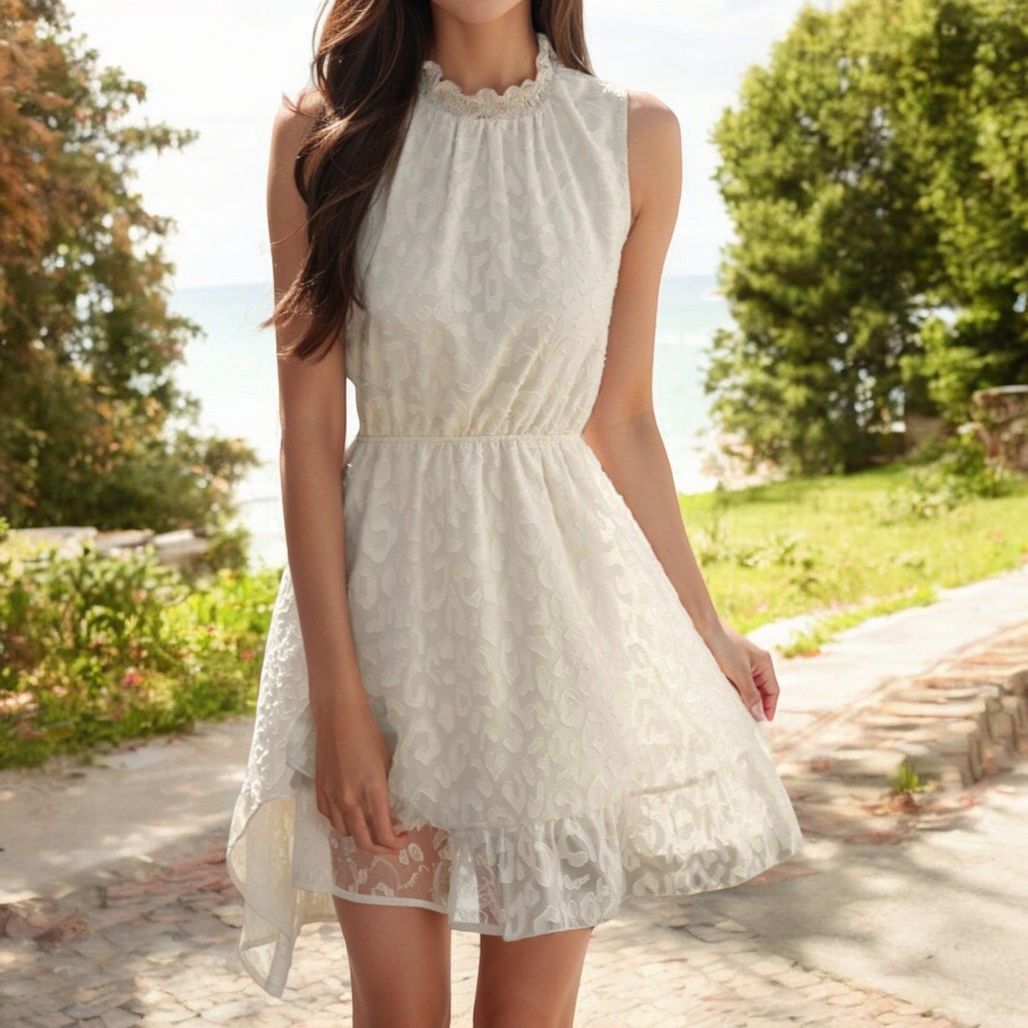 Sleeveless High Neck Mini Dress with Ruffle Hem