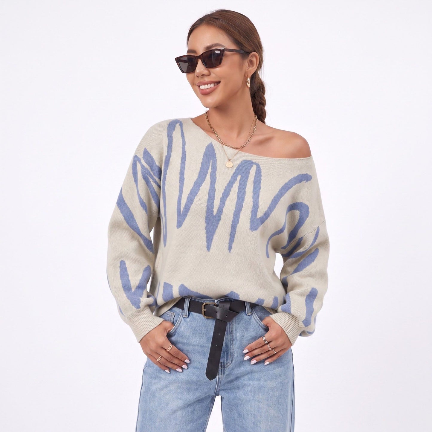 Abstract Graphic Print Long Sleeve Knit Sweater