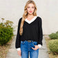 V-Neck Waffle Knit Long Sleeve Top Contrast Trim Relaxed Fit