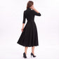 Three Quarter Sleeve Belted Midi Dress with Pleated A Line Skirt
