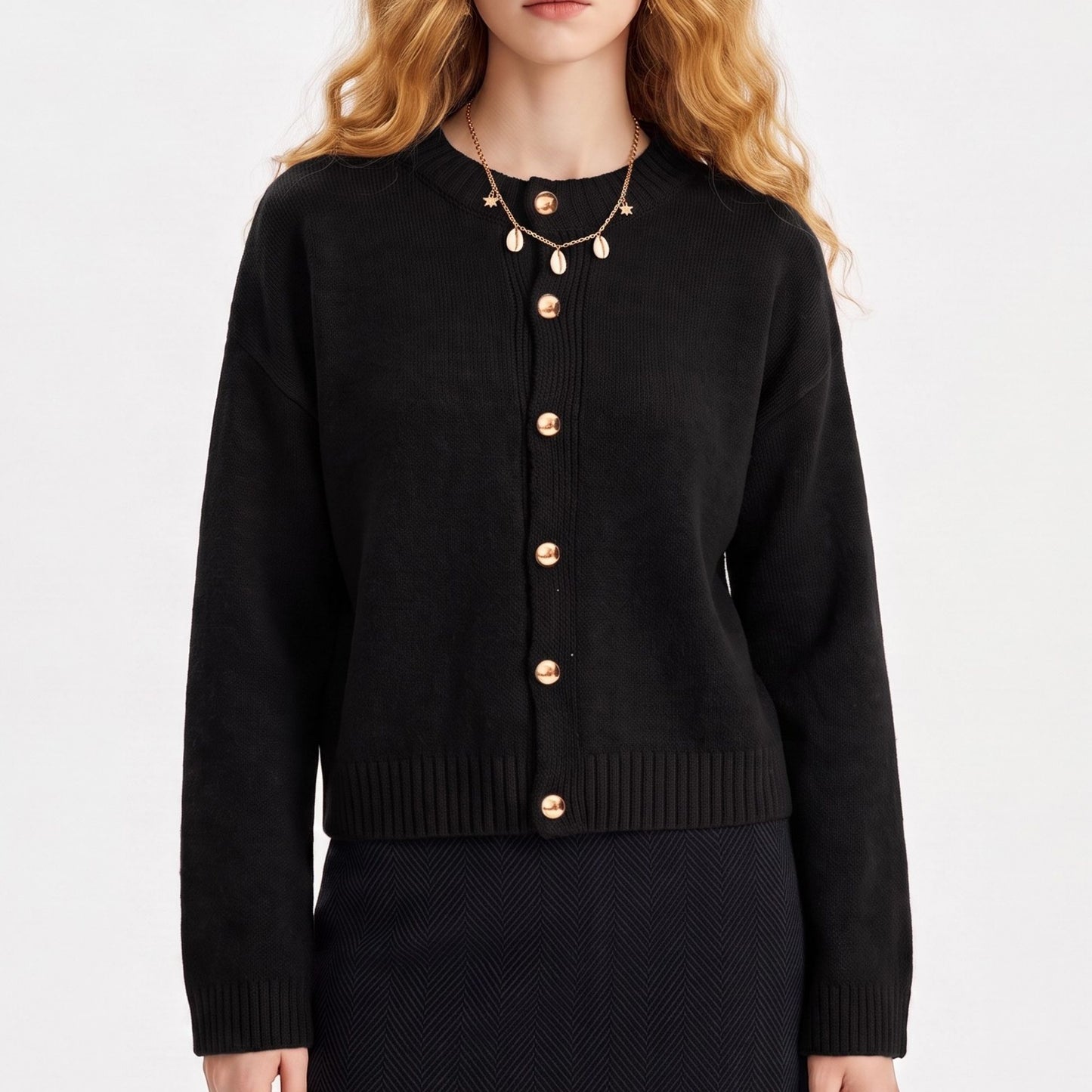 Gold Button Crewneck Cardigan Sweater