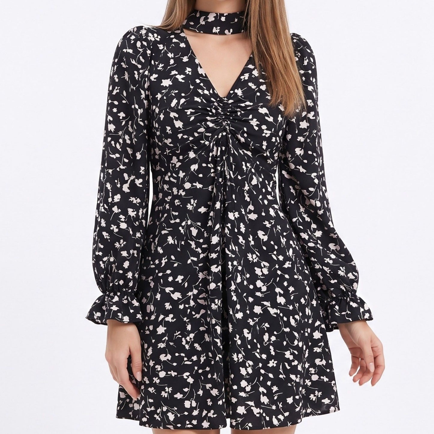 Floral Print Mini Dress V Neck Ruched Long Sleeve A Line Dress