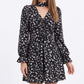 Floral Print Mini Dress V Neck Ruched Long Sleeve A Line Dress