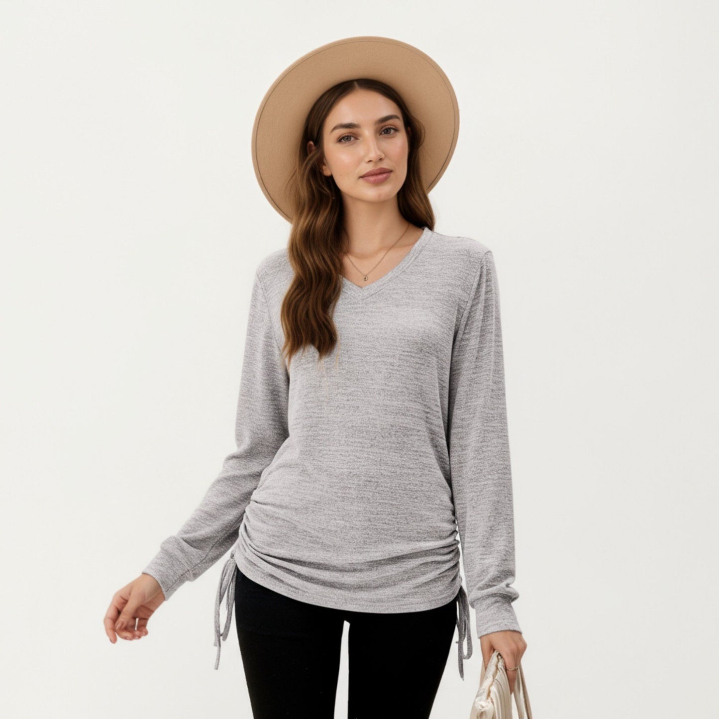 Long Sleeve V-Neck Top with Side Drawstring Ruched Hem