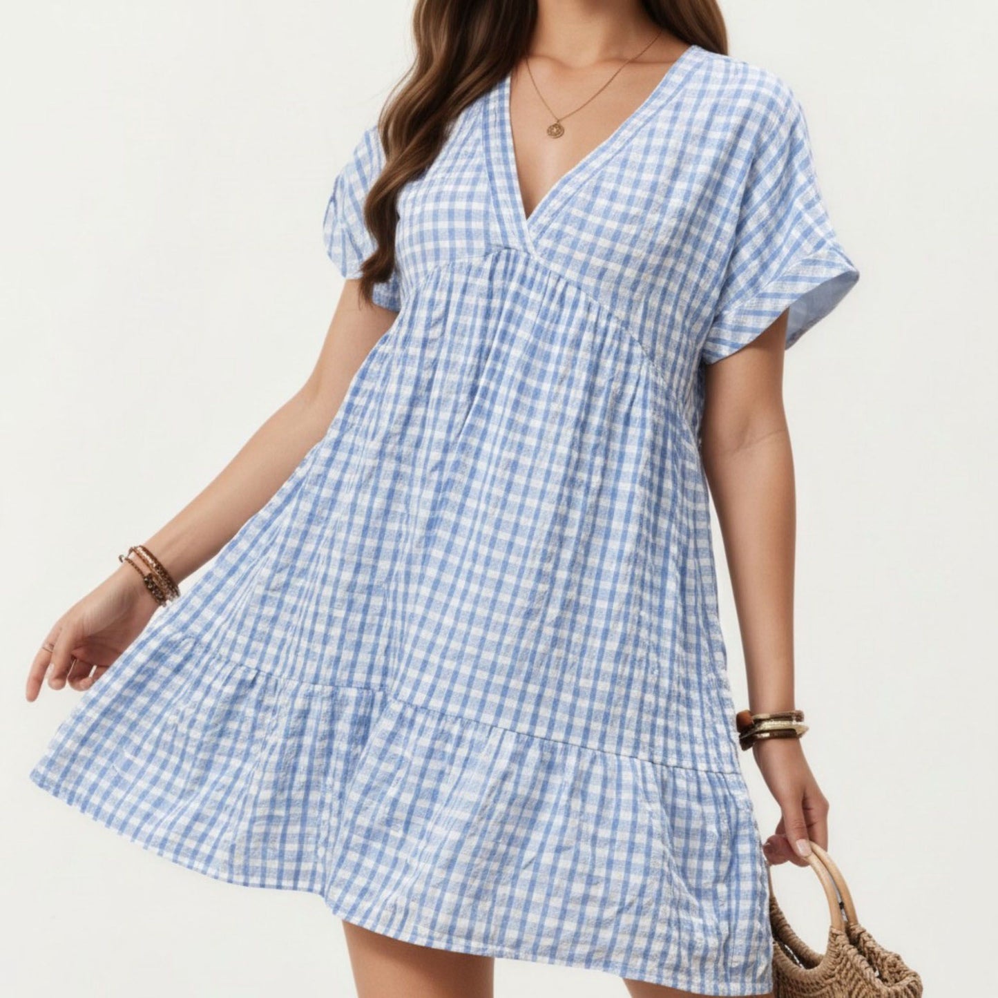 Short Sleeve V Neck Plaid Mini Dress with Tiered Hem Loose Fit Casual Lightweight Summer Dress