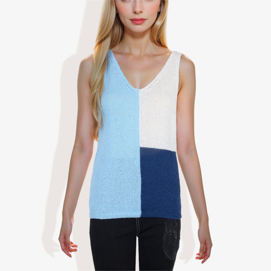 V-Neck Color Block Sweater Top - Lightweight Knit