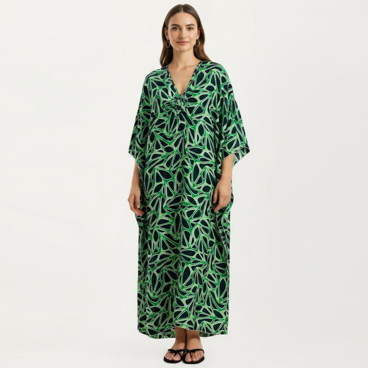 Floral Print Kaftan Maxi Dress with V-Neck Button Front and Flowy Batwing Sleeves
