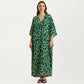 Floral Print Kaftan Maxi Dress with V-Neck Button Front and Flowy Batwing Sleeves