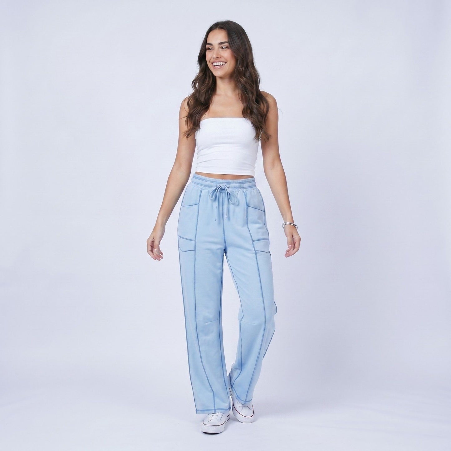 High Rise Drawstring Wide Leg Utility Pants with Patch Pockets