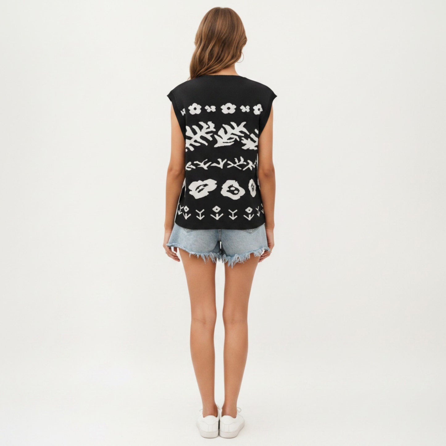 Sleeveless Floral Knit Vest Top with V-Neck Front and Button Detail