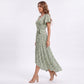 Floral Print Wrap Maxi Dress with V Neck Short Flutter Sleeves Tie Waist and Front Slit