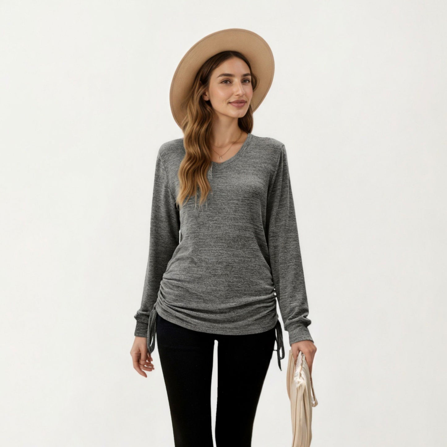 Long Sleeve V-Neck Top with Side Drawstring Ruched Hem