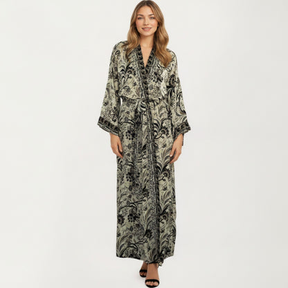Floral Paisley Maxi Dress with Long Sleeves Adjustable Waist Tie and Flowing Relaxed Fit