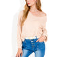 Textured Knit Sweater with Pom Pom Detailing Balloon Sleeves