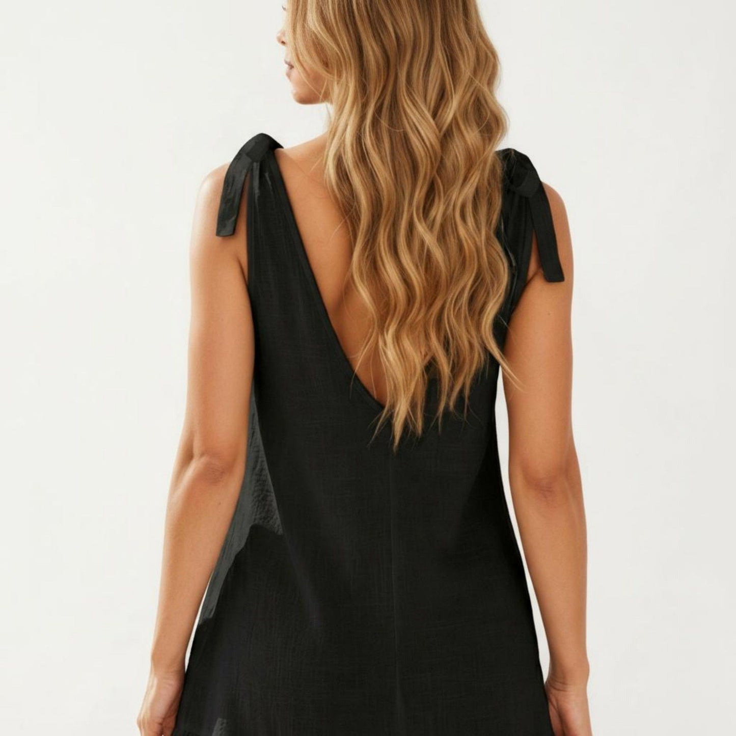 Sleeveless Swim Cover Up Dress with Tie Shoulder Straps and Ruffle Hem Detail