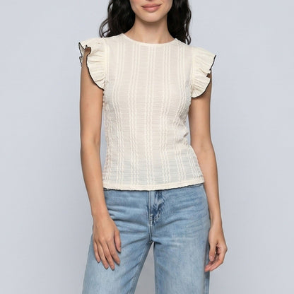Textured Flutter Sleeve Crewneck Top with Open Back Black Bow Tie
