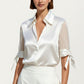 Satin Collared Blouse with Sheer Stripe Sleeves and Bow Tie Cuffs