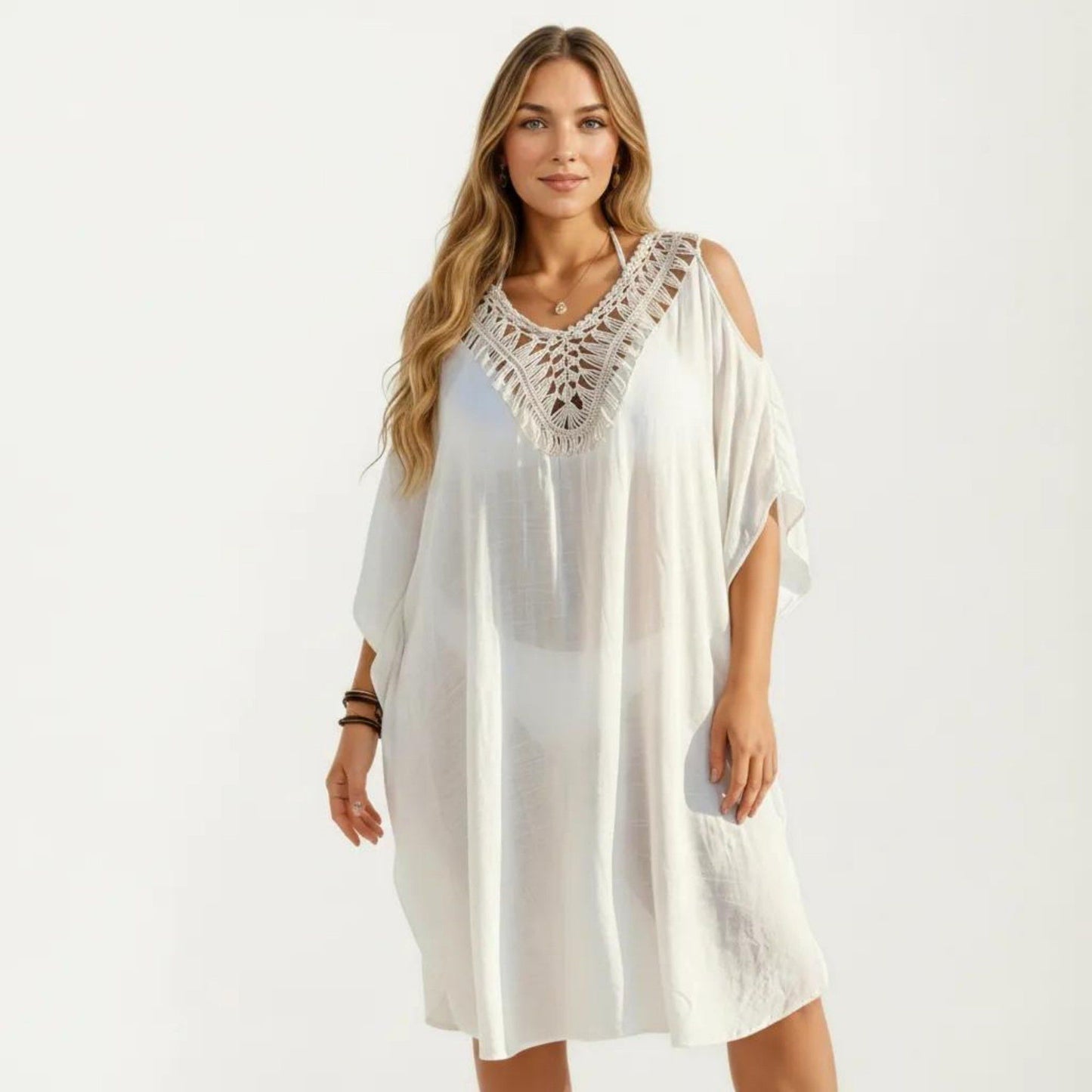 Crochet V Neck Swim Cover Up Dress with Cold Shoulder Sleeves and Relaxed Fit