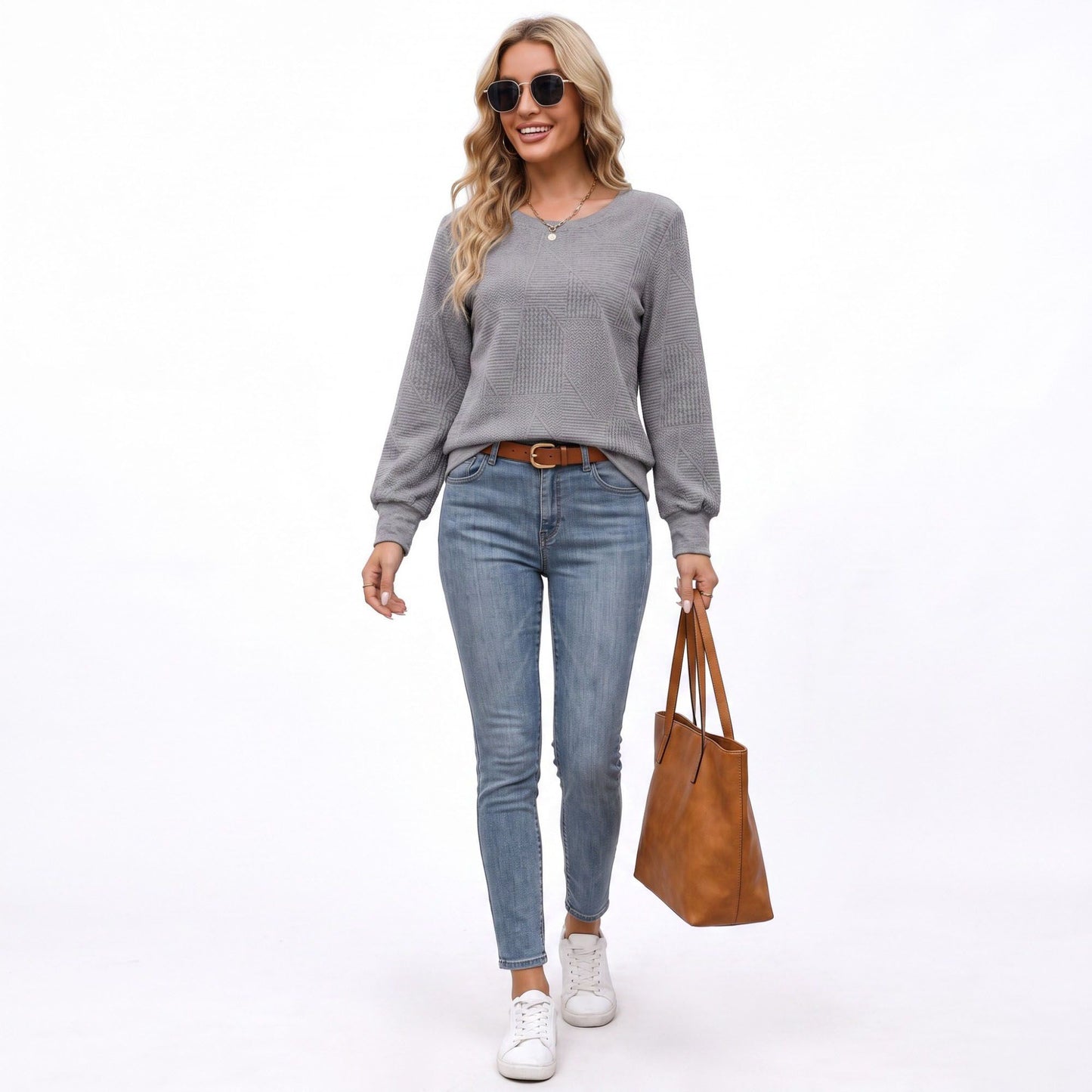 Textured Long Sleeve Crew Neck Pullover Top