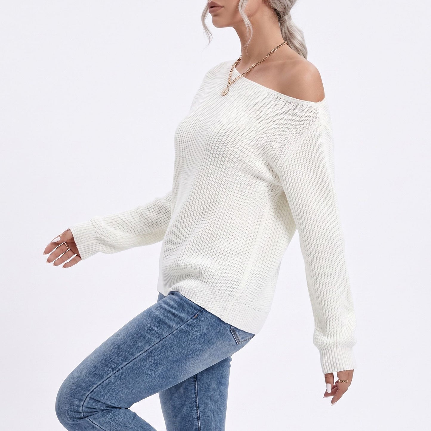 Oversized Off Shoulder Long Sleeve Knit Pullover Sweater