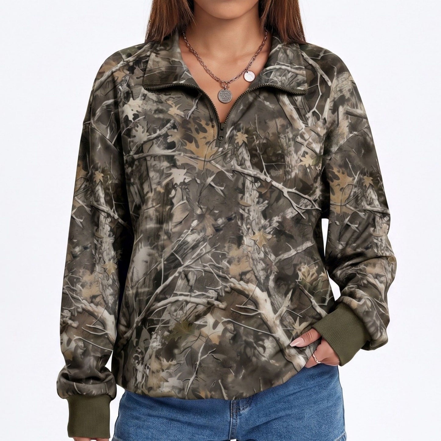 Camo Print Quarter Zip Long Sleeve Pullover Sweatshirt