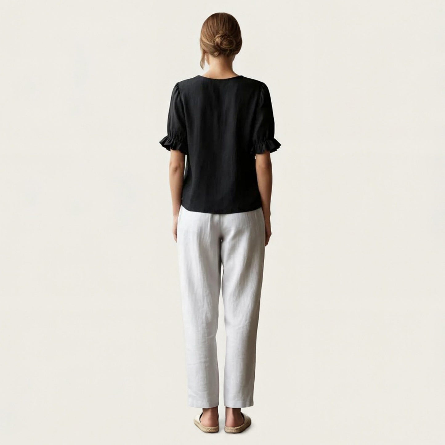 Ruffle Neck Blouse with Short Puff Sleeves and Textured Linen-Like Fabric
