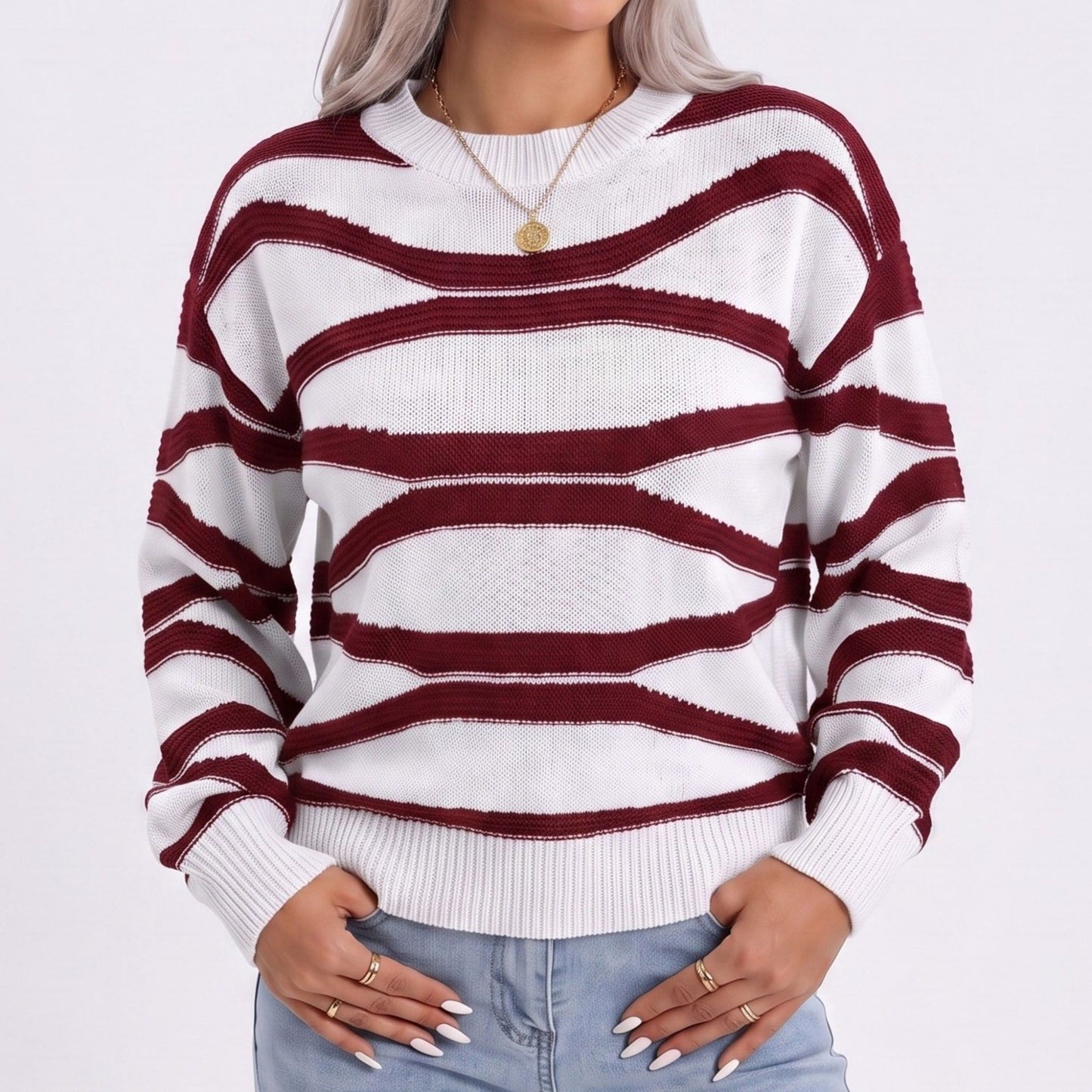 Wavy Stripe Crew Neck Long Sleeve Knit Sweater