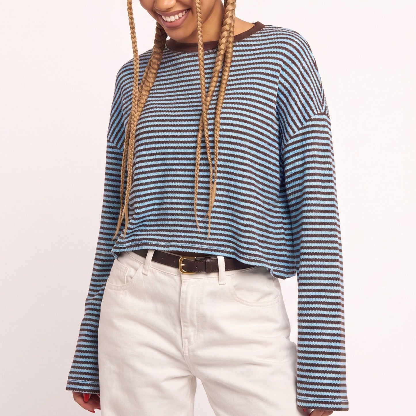 Striped Textured Knit Drop Shoulder Cropped Sweater