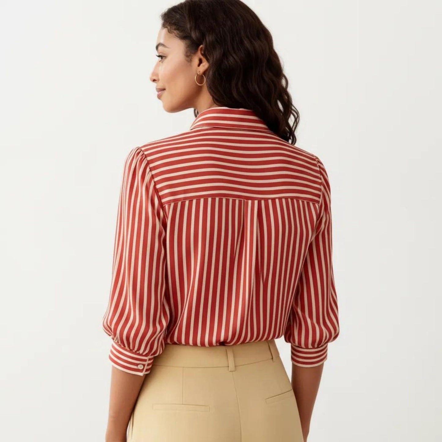 Striped Button Down Blouse with Collared Neckline and Puff Sleeves