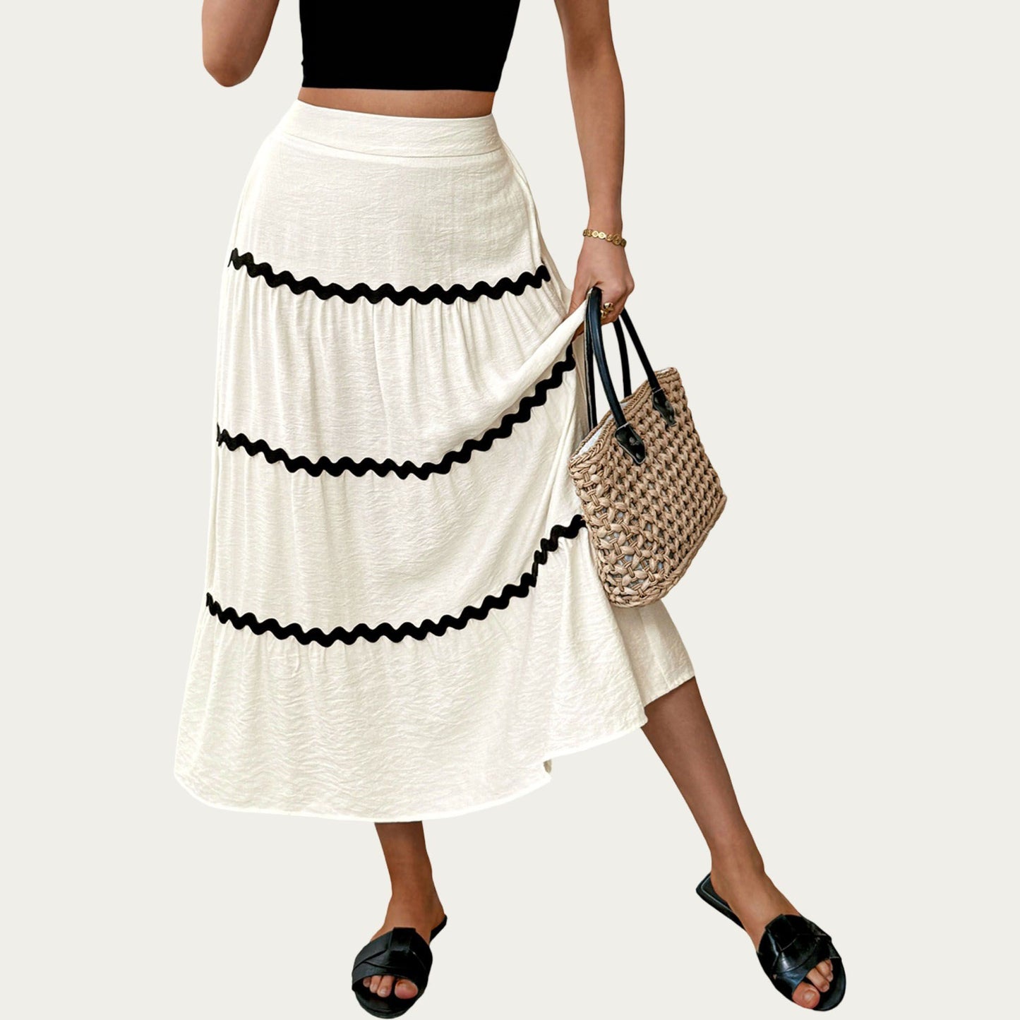 High Waist Tiered Midi Skirt with Wavy Trim Detail Flowy A-Line Silhouette Lightweight Fabric